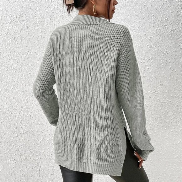 Casual zipper detailed Split Hem Sweater gray - Picture 3 of 5